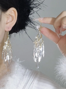 Close-up of elegant gold tassel earrings featuring long icy crystal pendants and rhinestones