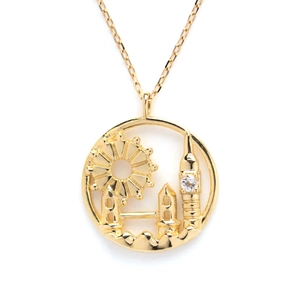 Close-up of golden London Eye and Big Ben pendant with a white zircon on a fine chain