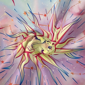 Detail showing soft fabric texture and dreamy sun star print on Bohemian tapestry