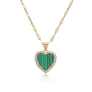 Minimalist 18K gold plated copper necklace with green malachite heart pendant and zircon