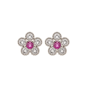 Glänzende Blumenohrstecker aus Silber mit rosa Zirkonia und weißen Akzentkristallen