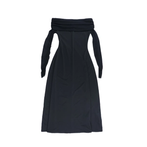 Flat lay of a black off-shoulder long sleeve maxi dress showing smooth fabric texture