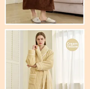 Detail of plush cream coral fleece bathrobe featuring large pockets and contrast piping