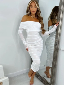Off-The-Shoulder Ruched Bodycon Midi Dress Long Sleeve Mesh Solid Color Elegant Party Clubwear For Women