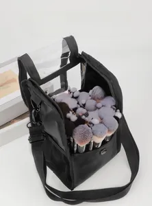 Detail view of large capacity makeup bag with clear PVC windows and mesh side pocket