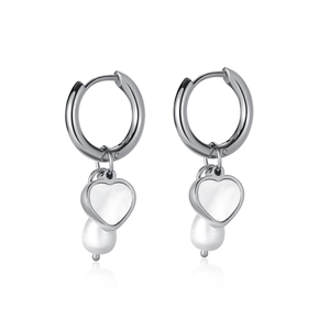 Silver stainless steel heart earrings with white shell and dangling pearl drops