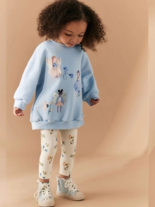 Girls long sleeve light blue sweatshirt and floral leggings set with fairy graphics