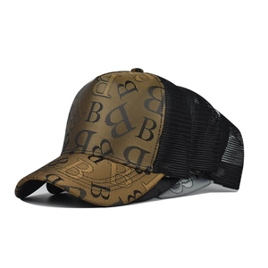 Houndstooth B-letter baseball cap with brown and black panels and breathable mesh back