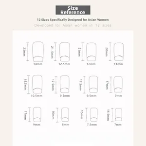 Size guide for press-on nails showing 12 different sizes from 14.5mm to 23mm in length