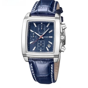 Megir Men Quartz Chronograph Watch Square Stainless Steel Case Genuine Leather Strap Waterproof Luminous Date Business Wristwatch