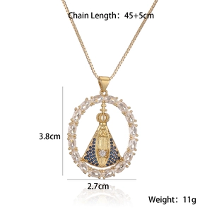 Detailed dimensions of 18K gold plated Virgin Mary pendant with white zircons and blue gems