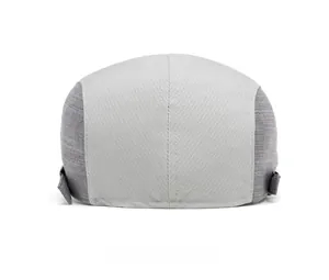 Rear view of grey newsboy cap showing adjustable metal buckle and mixed fabric textures