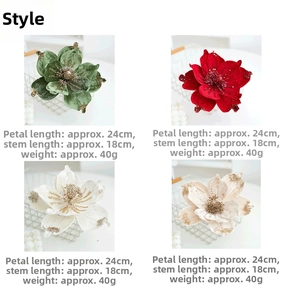 Detailed size view of velvet Christmas magnolia flowers with glitter petals in four colors