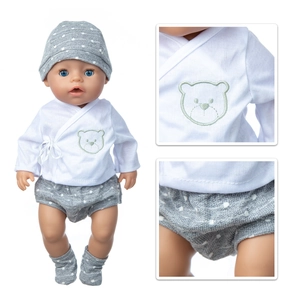 Detailed 3-piece baby doll outfit with green bear embroidery, polka dot pants and hat