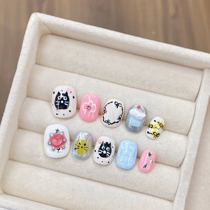 Handmade Press On Nails Resin Hand Painted Cartoon Cat Bow Star Japanese Sweet Kawaii Glossy Finished False Nails Women