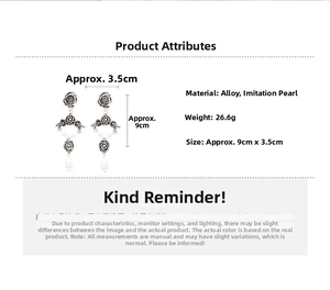 Detailed size and material guide for vintage rose drop earrings with faux pearls