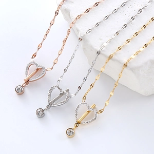 Three-color hollow heart necklaces in gold, silver, and rose gold with rhinestones