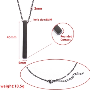 Polished black stainless steel 3D bar pendant necklace with dimension measurements