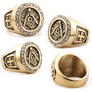 Masonic Ring Stainless Steel With Zircon Cross Retro Punk Style Jewelry For Men Gold Tone