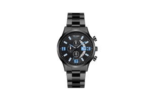 Macro shot of black stainless steel quartz watch with blue numerals and three sub-dials