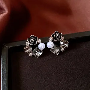 French retro floral stud earrings with black camellia, white pearl and crystals