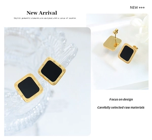 Detail of gold rectangular stud earrings with Roman numerals and black inset