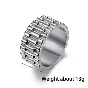 Polished silver stainless steel band ring with watch strap link texture design
