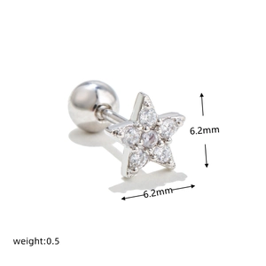 Detail of 0.8mm stainless steel star stud earring with clear zircons and screw back