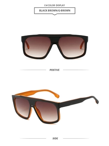 Front and side views of oversized futuristic sunglasses with brown gradient lenses