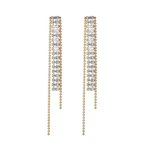 Baguette Cubic Zirconia Long Tassel Earrings Stainless Steel Gold Plated Geometric Dangle Women Elegant Fashion Jewelry