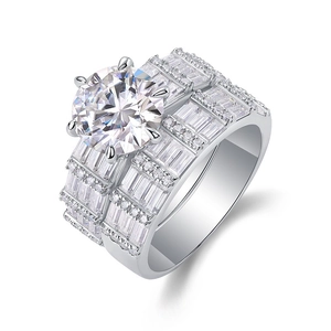 Luxurious S925 silver ring set with 3-carat round moissanite and pave baguette stones