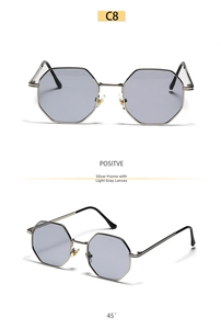 Close-up of silver octagonal metal frame sunglasses with light grey lenses from two angles