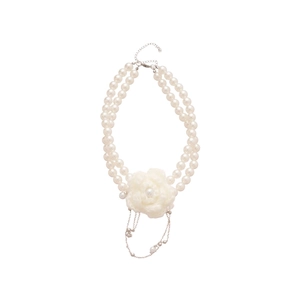 Collier élégant à double couche de perles avec grand pendentif fleur blanche et glands
