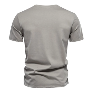 Detailed back view of grey slim fit cotton t-shirt with premium embroidered texture