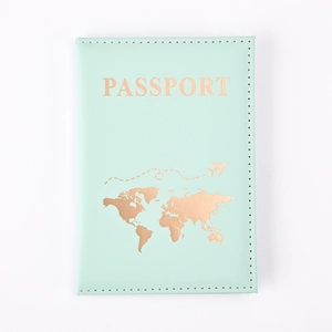 Mint green PU leather passport holder featuring a gold-stamped world map and plane design
