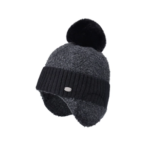 Grey knit earflap beanie with faux fur pompom and metal logo plate for winter warmth
