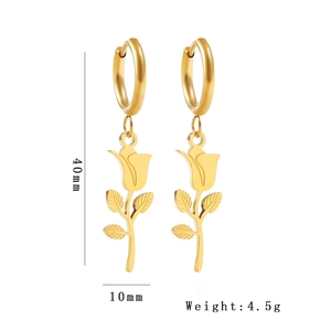 Golden stainless steel rose flower drop earrings with dimensions 40mm by 10mm