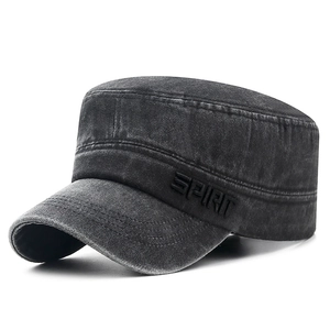 Men's washed cotton flat top military cap with 3D SPIRIT embroidery in dark grey