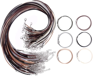 Detail of 2mm waxed cord necklace strings in assorted colors with metal lobster clasps