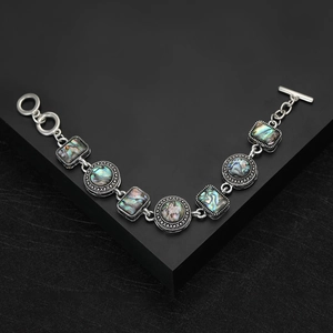 Retro Abalone Shell Geometric Link Bracelet With Toggle Clasp Alloy Antique Silver Color Bohemian Jewelry For Women Men