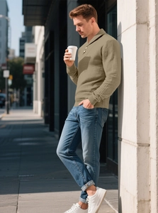 Detail of khaki waffle knit texture and buttoned polo collar on men's long sleeve sweatshirt