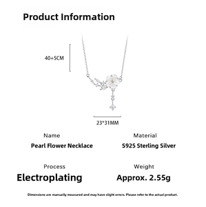Detailed view of S925 silver necklace with mother-of-pearl flower and zircon size 23x31mm