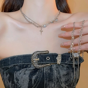 Y2K style silver metal star pendant necklace with grey-blue beads on double-layer chain