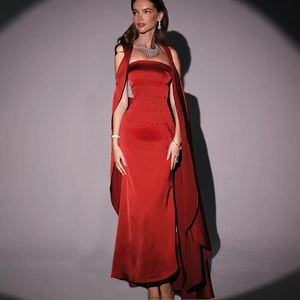 Elegant red satin strapless evening gown with a slim-fit cut for a sophisticated look