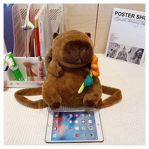 Detailed close-up of brown plush Capybara backpack with a small sunflower decoration