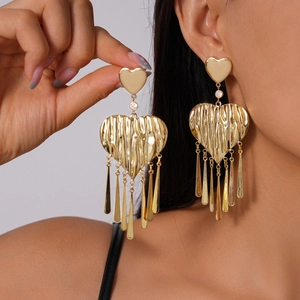 Heart Tassel Earrings Bohemian Metal Textured Copper With 925 Sterling Silver Earring Post Zircon Statement For Women