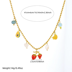 Cute enamel fruit pendant necklace with gold chain featuring strawberry and banana designs