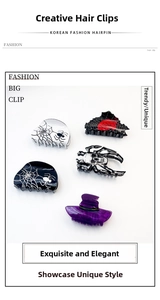 Detailed set of 5 Halloween hair clips with spider web, skull, and witch hat designs