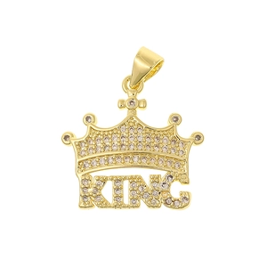 Detail of a sparkling gold crown pendant featuring KING lettering and zircon stones