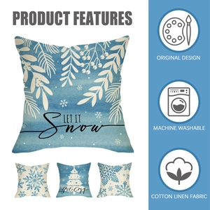 Detail of blue snowflake linen pillowcase featuring cotton linen fabric texture and patterns